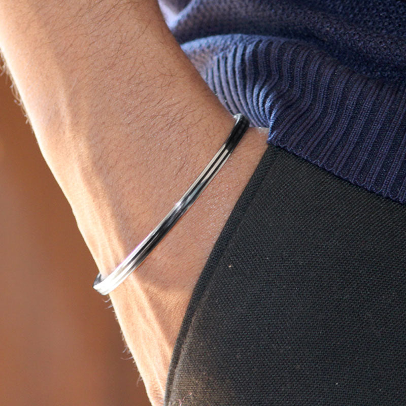 Black Grace 2 Lines Silver Kada for Men