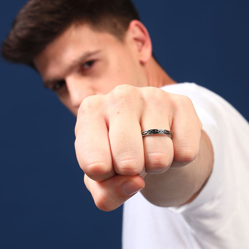 Cross Pattern Enamel Band for Men in Sterling Silver and Black Enamel